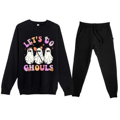 Lets Go Ghouls Halloween Ghost Outfit Costume Retro Groovy Premium Crewneck Sweatsuit Set