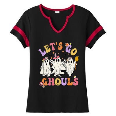 Lets Go Ghouls Halloween Ghost Outfit Costume Retro Groovy Ladies Halftime Notch Neck Tee