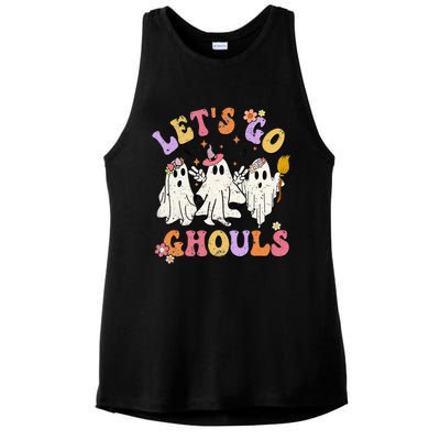 Lets Go Ghouls Halloween Ghost Outfit Costume Retro Groovy Ladies PosiCharge Tri-Blend Wicking Tank