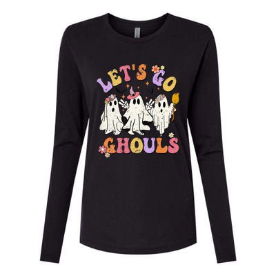 Lets Go Ghouls Halloween Ghost Outfit Costume Retro Groovy Womens Cotton Relaxed Long Sleeve T-Shirt