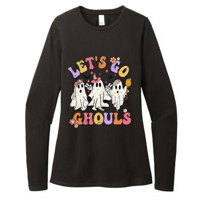 Lets Go Ghouls Halloween Ghost Outfit Costume Retro Groovy Womens CVC Long Sleeve Shirt