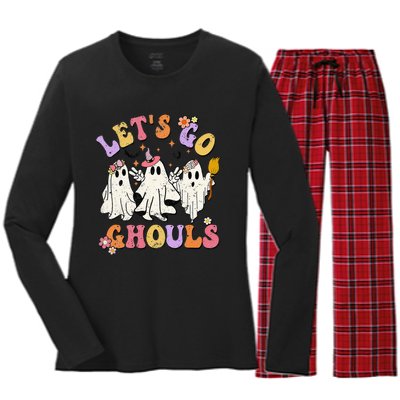 Lets Go Ghouls Halloween Ghost Outfit Costume Retro Groovy Women's Long Sleeve Flannel Pajama Set 