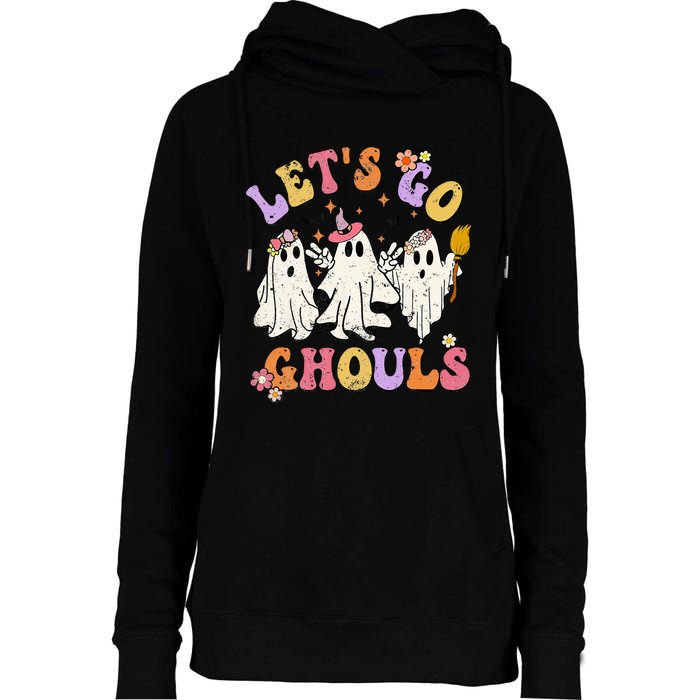 Lets Go Ghouls Halloween Ghost Outfit Costume Retro Groovy Womens Funnel Neck Pullover Hood