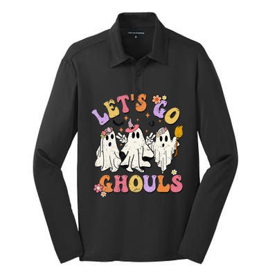 Lets Go Ghouls Halloween Ghost Outfit Costume Retro Groovy Silk Touch Performance Long Sleeve Polo