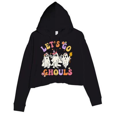 Lets Go Ghouls Halloween Ghost Outfit Costume Retro Groovy Crop Fleece Hoodie