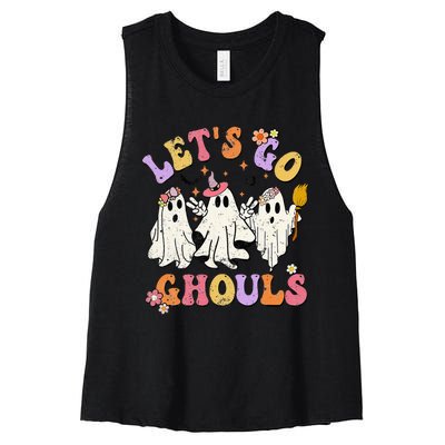 Lets Go Ghouls Halloween Ghost Outfit Costume Retro Groovy Women's Racerback Cropped Tank