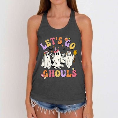 Lets Go Ghouls Halloween Ghost Outfit Costume Retro Groovy Women's Knotted Racerback Tank