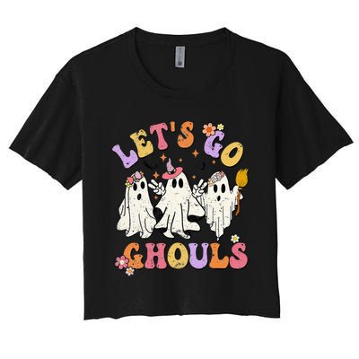 Lets Go Ghouls Halloween Ghost Outfit Costume Retro Groovy Women's Crop Top Tee