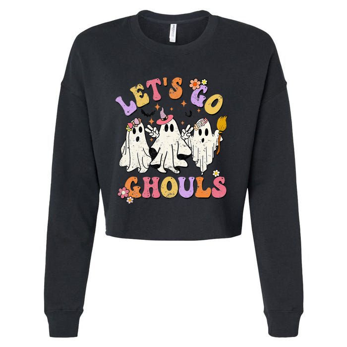 Lets Go Ghouls Halloween Ghost Outfit Costume Retro Groovy Cropped Pullover Crew