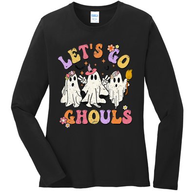 Lets Go Ghouls Halloween Ghost Outfit Costume Retro Groovy Ladies Long Sleeve Shirt