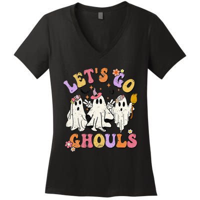 Lets Go Ghouls Halloween Ghost Outfit Costume Retro Groovy Women's V-Neck T-Shirt