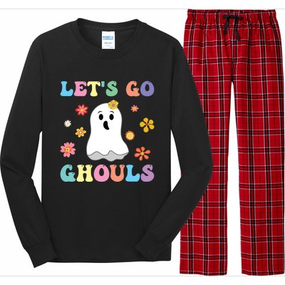 Lets Go Ghouls Fall Vibes Leopard Retro Pumpkin Fall Gift Long Sleeve Pajama Set