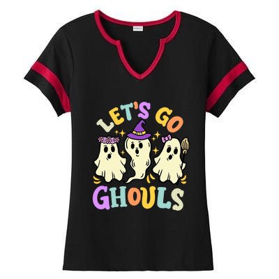 Lets Go Ghouls Funny Halloween Spooky Ghosts Retro Groovy Meaningful Gift Ladies Halftime Notch Neck Tee