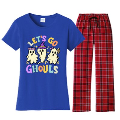 Lets Go Ghouls Funny Halloween Spooky Ghosts Retro Groovy Meaningful Gift Women's Flannel Pajama Set