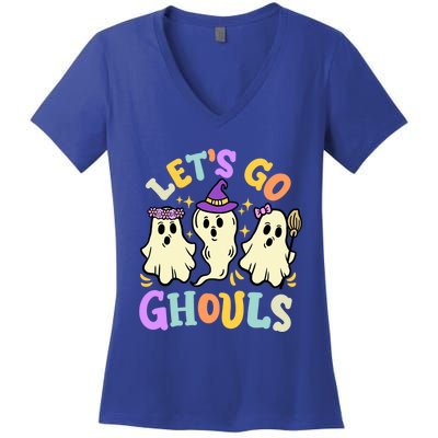 Lets Go Ghouls Funny Halloween Spooky Ghosts Retro Groovy Meaningful Gift Women's V-Neck T-Shirt