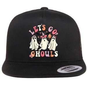 Let's Go Ghouls Halloween Ghost Outfit Costume Retro Groovy Flat Bill Trucker Hat