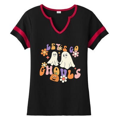 Lets Go Ghouls Funny Ghost Halloween Matching Ladies Halftime Notch Neck Tee