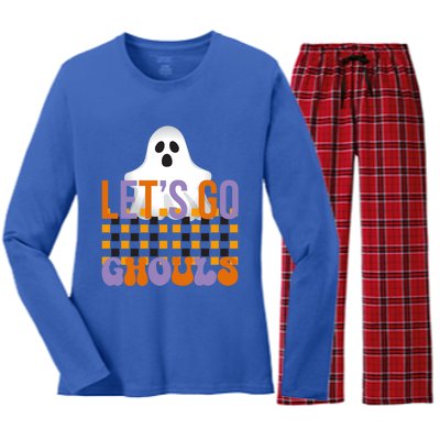 Lets Go Ghouls Outfit Costume Retro Groovy Halloween Ghost Great Gift Women's Long Sleeve Flannel Pajama Set 