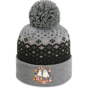 Lets Go Ghouls Retro Groovy Halloween Ghost Pumpkin Season Gift The Baniff Cuffed Pom Beanie