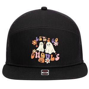 Lets Go Ghouls Retro Groovy Halloween Ghost Pumpkin Season Gift 7 Panel Mesh Trucker Snapback Hat