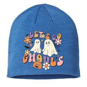 Lets Go Ghouls Retro Groovy Halloween Ghost Pumpkin Season Gift Sustainable Beanie