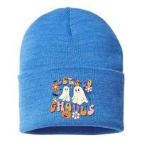 Lets Go Ghouls Retro Groovy Halloween Ghost Pumpkin Season Gift Sustainable Knit Beanie