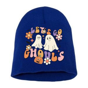 Lets Go Ghouls Retro Groovy Halloween Ghost Pumpkin Season Gift Short Acrylic Beanie