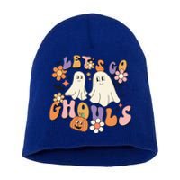 Lets Go Ghouls Retro Groovy Halloween Ghost Pumpkin Season Gift Short Acrylic Beanie