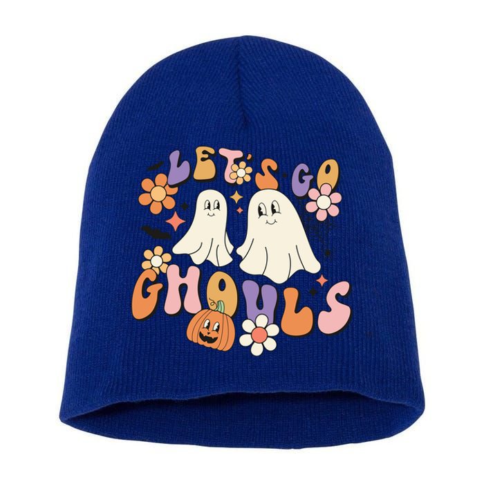 Lets Go Ghouls Retro Groovy Halloween Ghost Pumpkin Season Gift Short Acrylic Beanie