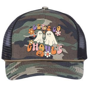 Lets Go Ghouls Retro Groovy Halloween Ghost Pumpkin Season Gift Retro Rope Trucker Hat Cap