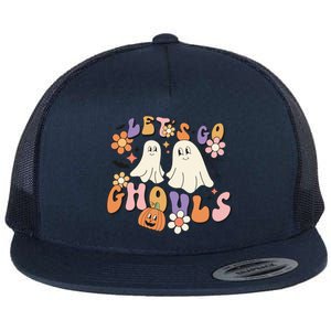 Lets Go Ghouls Retro Groovy Halloween Ghost Pumpkin Season Gift Flat Bill Trucker Hat