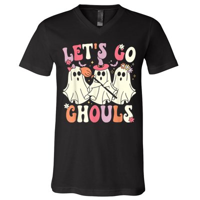Lets Go Ghouls Halloween Ghost Costume Retro Groovy V-Neck T-Shirt