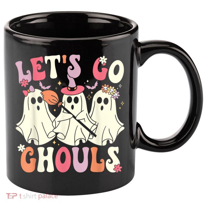 Lets Go Ghouls Halloween Ghost Costume Retro Groovy 11oz C Handle Ceramic Mug