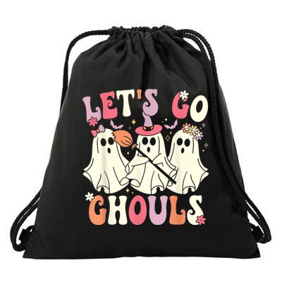 Lets Go Ghouls Halloween Ghost Costume Retro Groovy Drawstring Bag