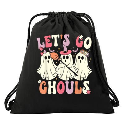 Lets Go Ghouls Halloween Ghost Costume Retro Groovy Drawstring Bag