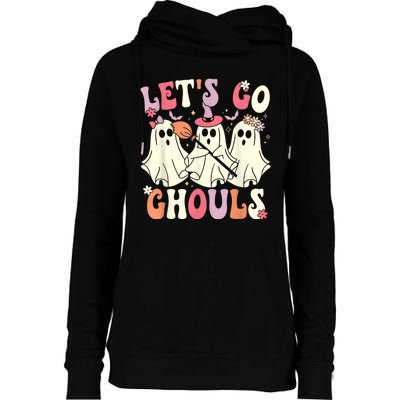 Lets Go Ghouls Halloween Ghost Costume Retro Groovy Womens Funnel Neck Pullover Hood