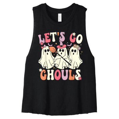 Lets Go Ghouls Halloween Ghost Costume Retro Groovy Women's Racerback Cropped Tank