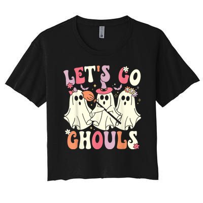 Lets Go Ghouls Halloween Ghost Costume Retro Groovy Women's Crop Top Tee