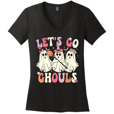 Lets Go Ghouls Halloween Ghost Costume Retro Groovy Women's V-Neck T-Shirt