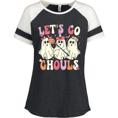 Lets Go Ghouls Halloween Ghost Costume Retro Groovy Enza Ladies Jersey Colorblock Tee