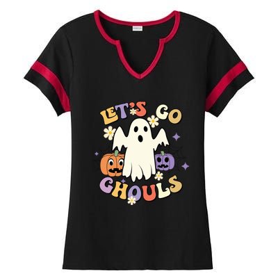 Lets Go Ghouls Halloween Groovy Style Ghost Pumpkin Gift Ladies Halftime Notch Neck Tee