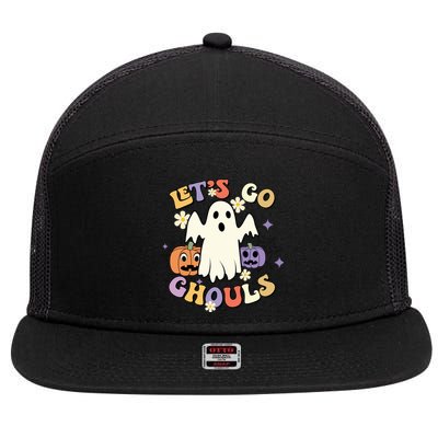 Lets Go Ghouls Halloween Groovy Style Ghost Pumpkin Gift 7 Panel Mesh Trucker Snapback Hat