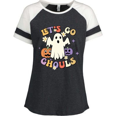 Lets Go Ghouls Halloween Groovy Style Ghost Pumpkin Gift Enza Ladies Jersey Colorblock Tee