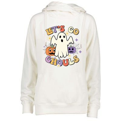 Lets Go Ghouls Halloween Groovy Style Ghost Pumpkin Gift Womens Funnel Neck Pullover Hood