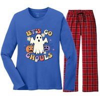 Lets Go Ghouls Halloween Groovy Style Ghost Pumpkin Gift Women's Long Sleeve Flannel Pajama Set 