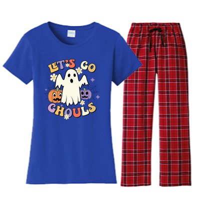 Lets Go Ghouls Halloween Groovy Style Ghost Pumpkin Gift Women's Flannel Pajama Set