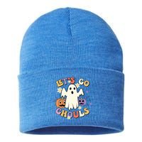 Lets Go Ghouls Halloween Groovy Style Ghost Pumpkin Gift Sustainable Knit Beanie