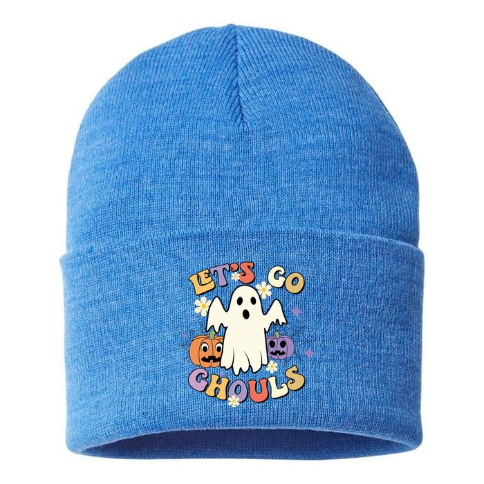 Lets Go Ghouls Halloween Groovy Style Ghost Pumpkin Gift Sustainable Knit Beanie