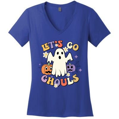 Lets Go Ghouls Halloween Groovy Style Ghost Pumpkin Gift Women's V-Neck T-Shirt