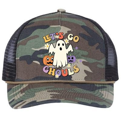 Lets Go Ghouls Halloween Groovy Style Ghost Pumpkin Gift Retro Rope Trucker Hat Cap